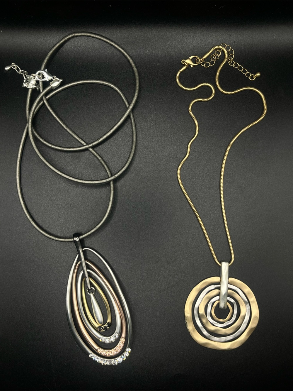 Mixed Metal Drop Pendant Necklace with Black Cord - Women Jewelry